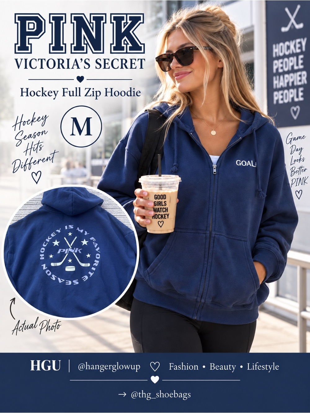 RETAIL: 59.95 PINK Victoria’s Secret Hockey GOAL Full Zip Hoodie Navy Blue M